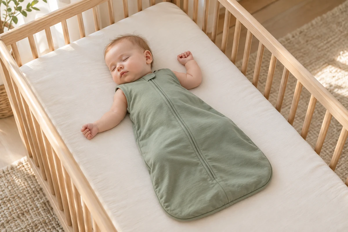 AI-created illustration of a baby resting on their back in a clear cot.