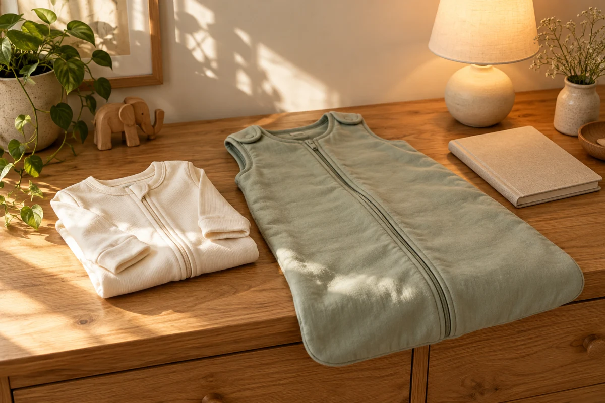 AI-created still life of simple baby clothes and a sleep sack prepared for bedtime.
