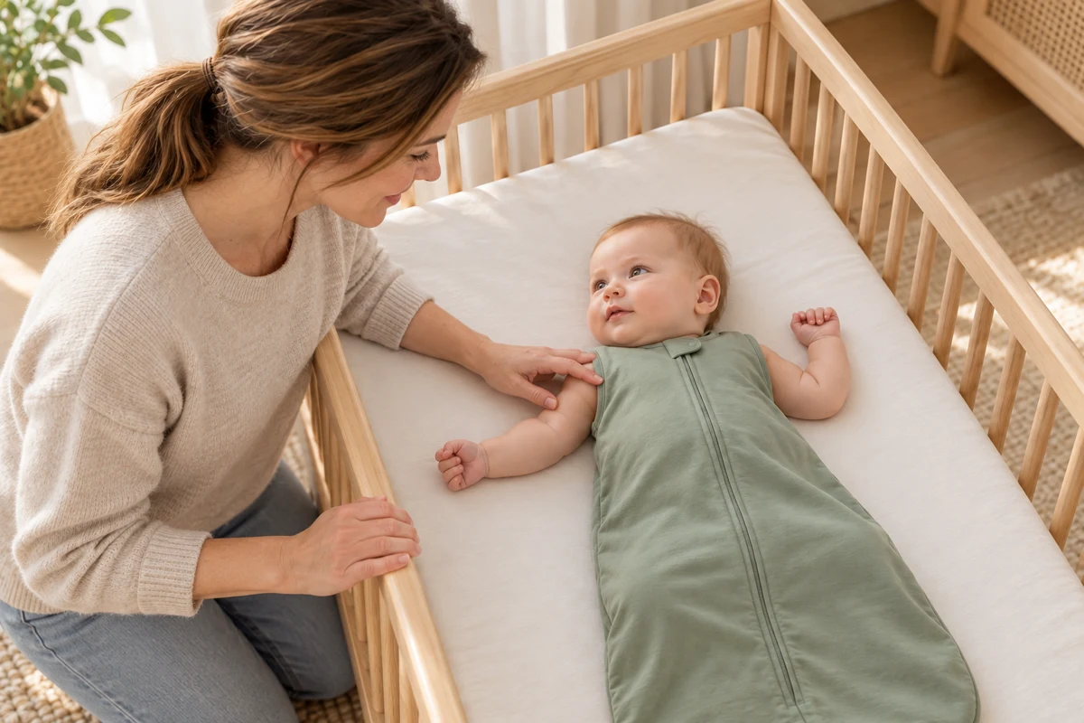 AI-created illustration of a caregiver reassuring an awake baby in a cot.