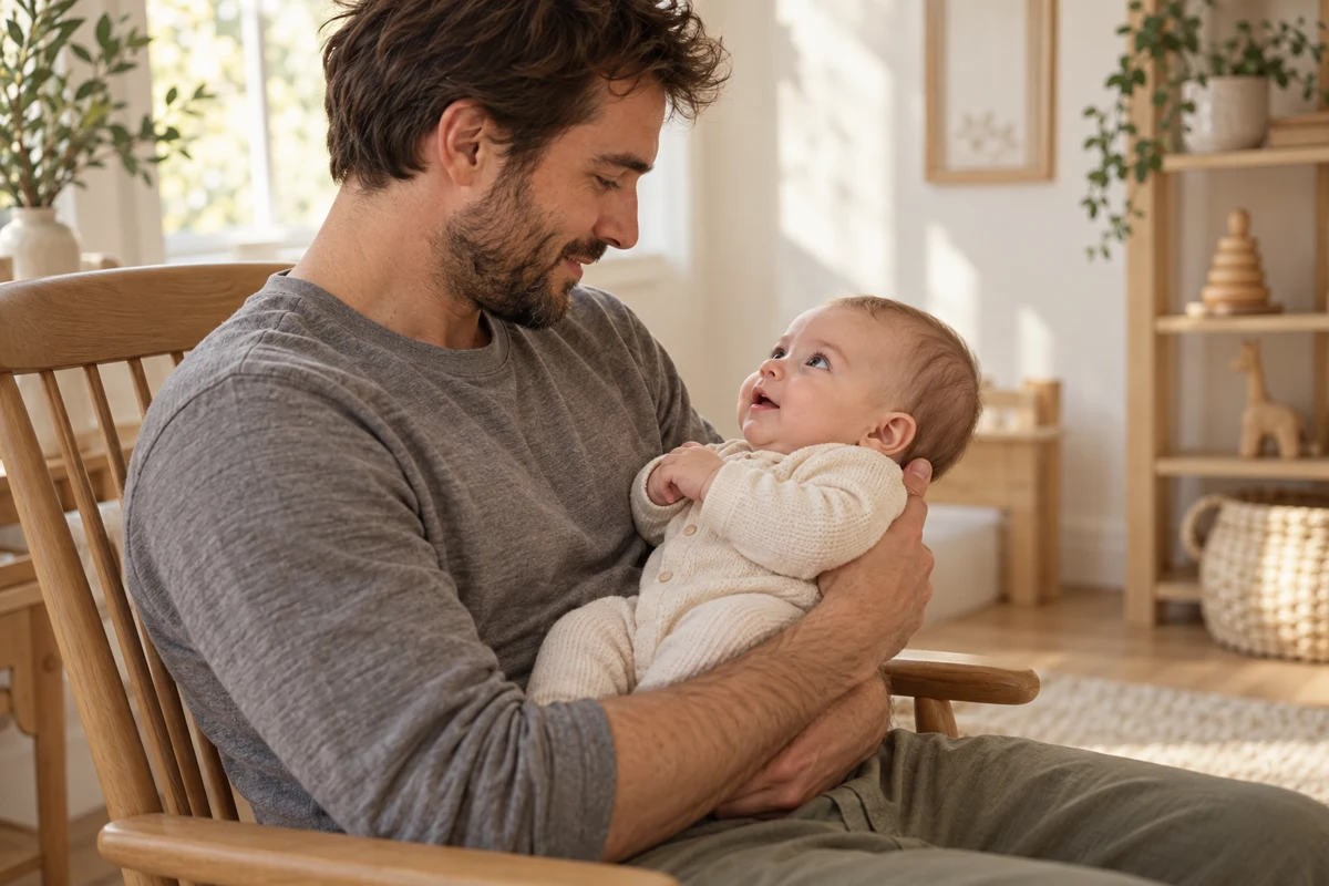 AI-created illustration of an awake father comforting an awake baby.