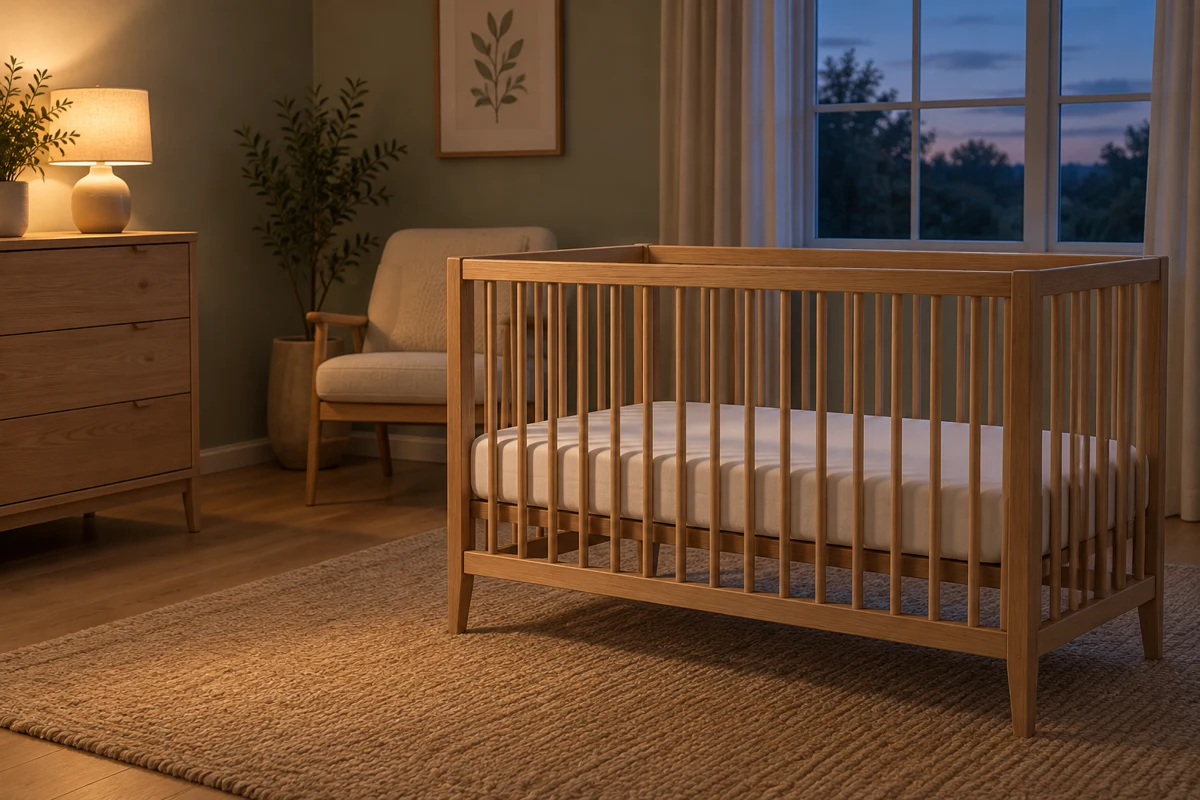 AI-created illustration of a quiet nursery with an empty clear cot at dusk.
