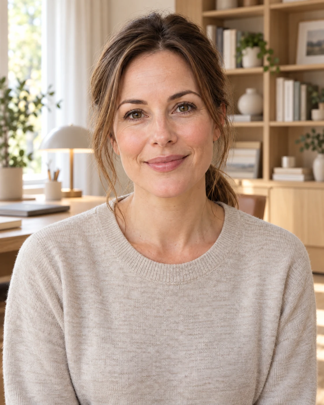 Emma, the AI-created presenter, in a warmly lit home office with bookshelves.