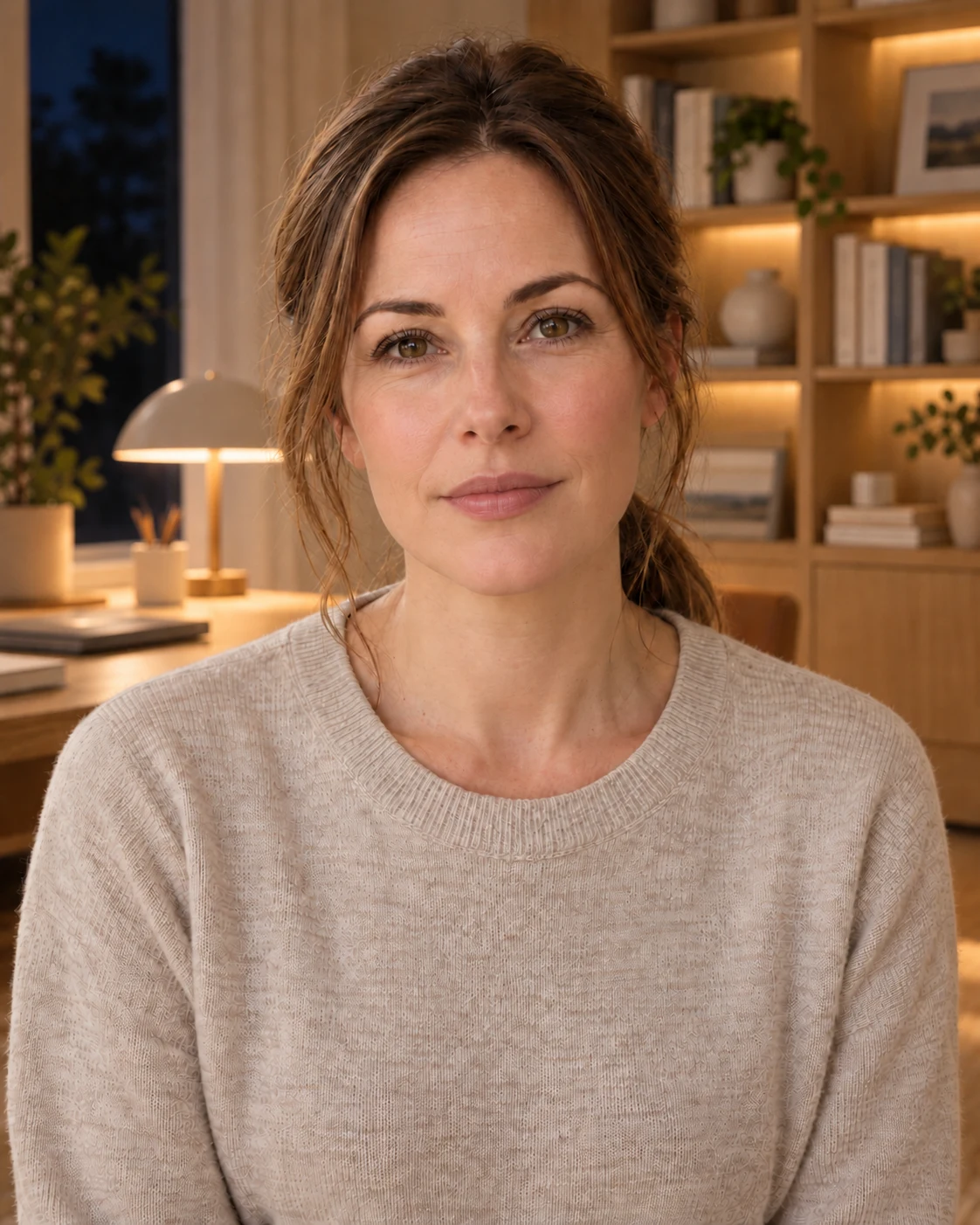 Emma, the AI-created presenter, in her softly lit home office.